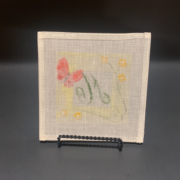 Vintage YUDI Letter M Alphabet Hand-painted Butterfly Daisy Needlepoint Canvas - Picture 2 of 2